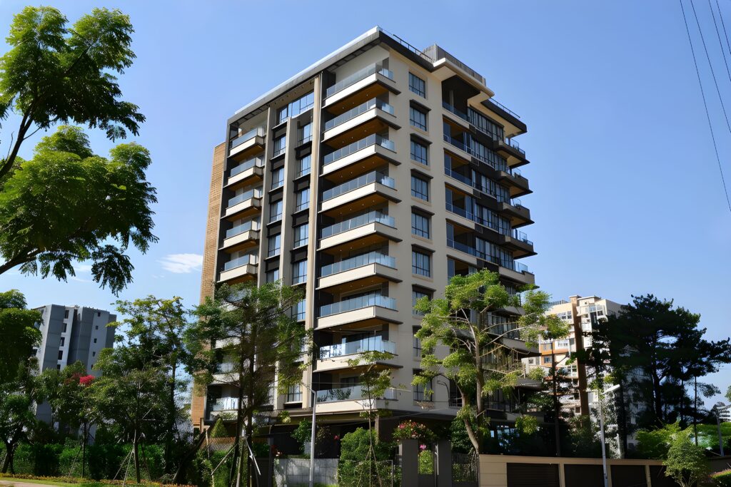 A residential society in Maharashtra surrounded by coconut trees.